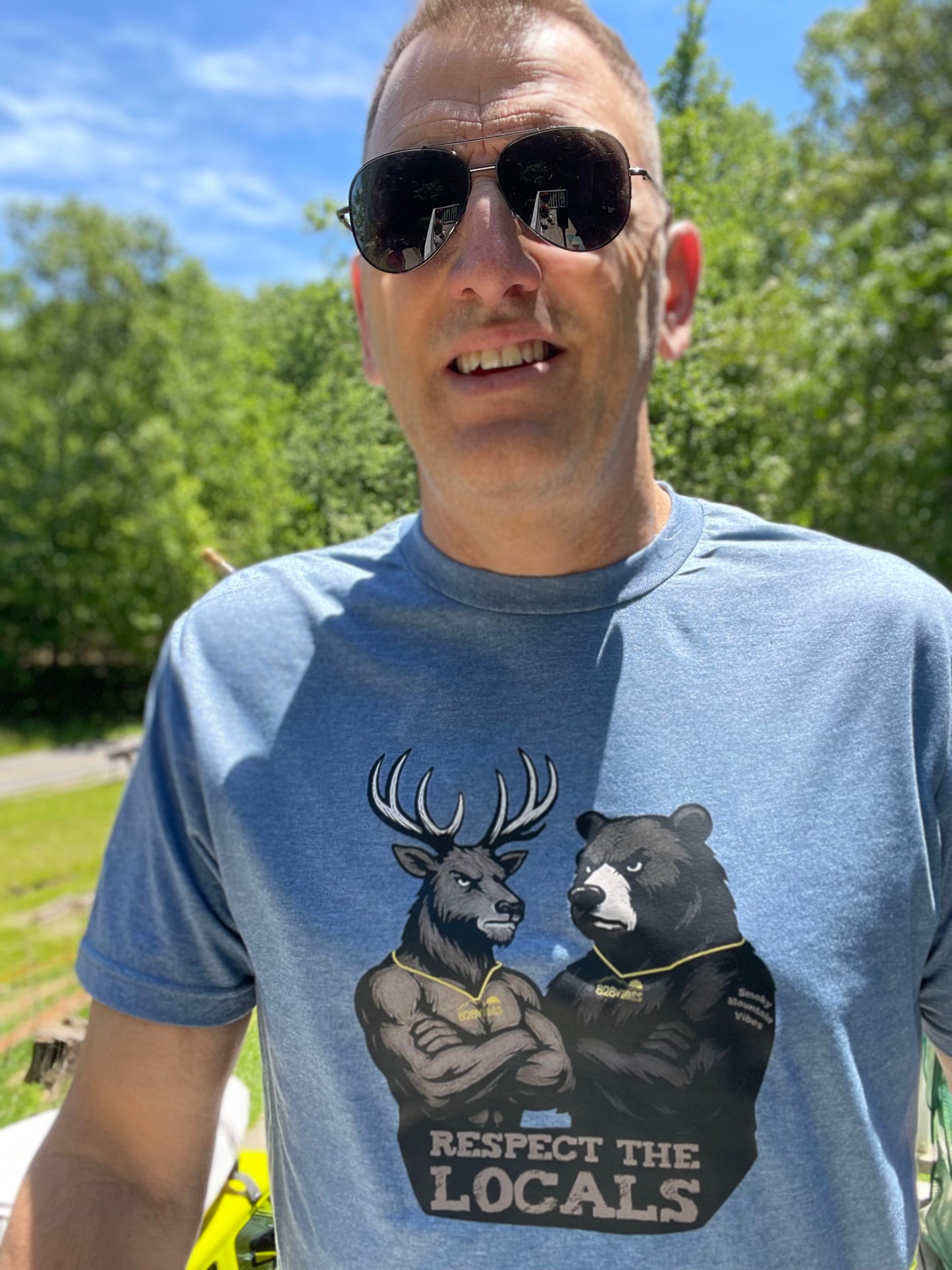 Respect The Locals - Deer and Bear - Heather Blue Short Sleeve